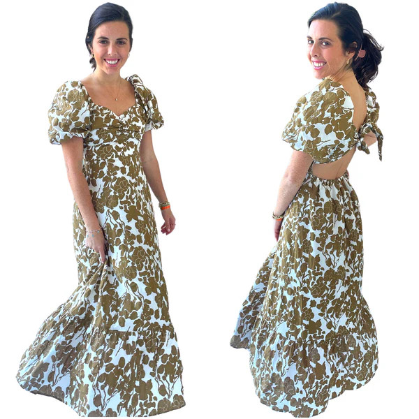 Olive Floral Puff Sleeve Bow Back Laurel Dress | James Ascher
