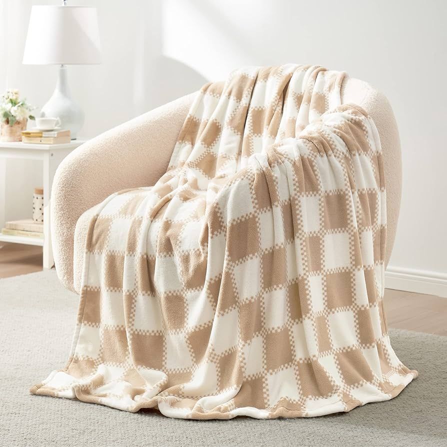 Cozy Bliss Beige Checkered Throw Blanket Ultra Soft Warm MilkyPlush™ Fleece Blanket Checkerboar... | Amazon (US)