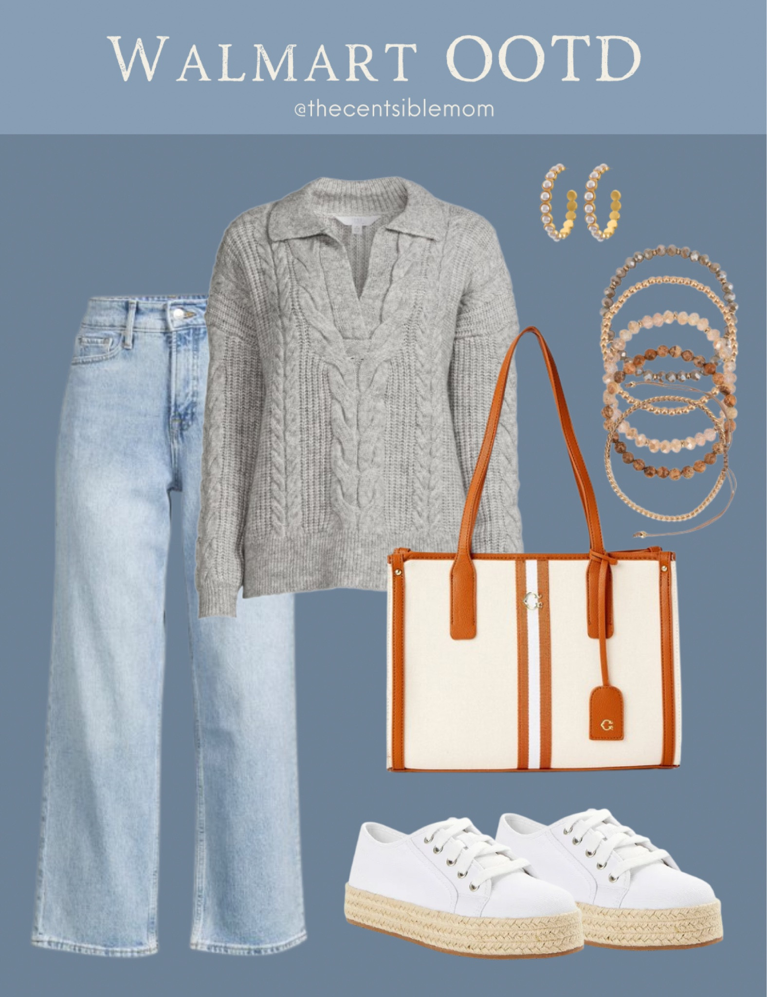 Walmart ootd. Gray spring sweater. Transitional weather outfits. Womens spring outfits. Cheap jeans. Cute women’s jeans. Womens jeans for spring. Spring shoes. Spring tennis shoes. Espadrille tennis shoes. Cute spring bag. Bracelet set. Walmart fashion. Womens walmart finds. Preppy purse. Neutral purse. 

#LTKstyletip #LTKSeasonal #LTKunder50