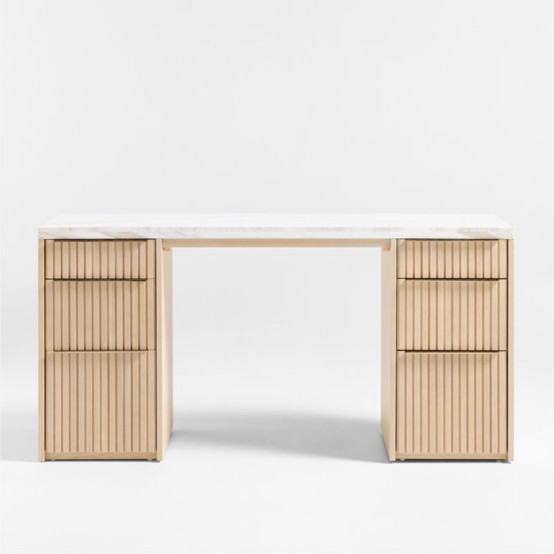 Batten 61.5" Natural Oak Wood Console Desk with White Marble Top | Crate & Barrel | Crate & Barrel