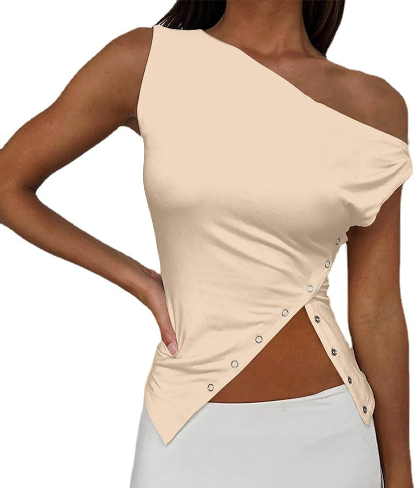 SAFRISIOR Women One Shoulder Button Sexy Crop Top Solid Sleeveless Off Shoulder Asymmetric Crop T... | Amazon (US)
