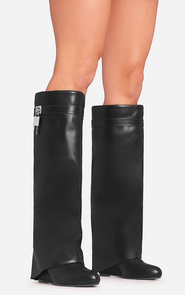 I-Am-The-One Padlock Detail Wedge Heel Knee High Long Boot In Black Faux Leather | EGO Shoes (US & Canada)