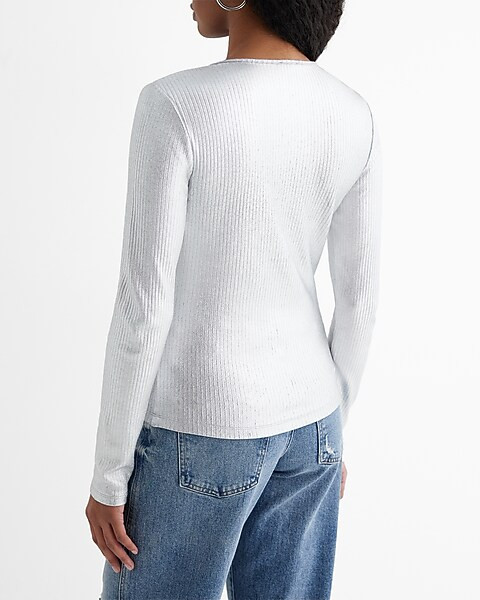 Fitted Ribbed Foil Long Sleeve Henley Tee | Express