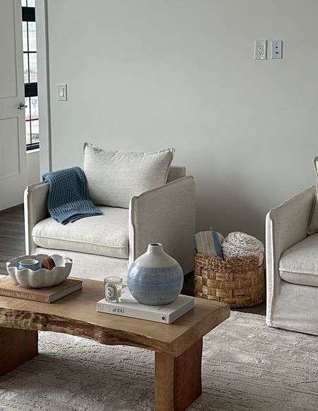 Coastal Grandma Minimalist Home Decor Update: neutral home, coastal grandmother aesthetic, coastal granddaughter aesthetic, Nancy Meyers inspired, that girl home decor, vanilla girl home finds,  apartment decor, neutral accent chairs, blue home decor, wood coffee table, cream accent chair, linen chair 

#LTKhome