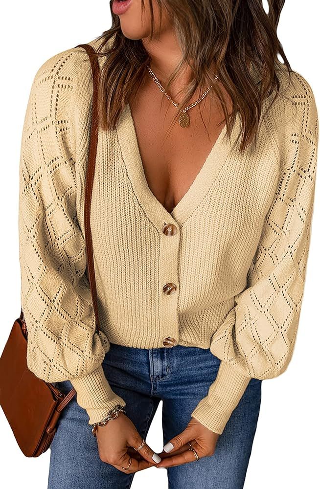 KIRUNDO Women's Long Sleeve V Neck Open Front Cardigan Button Down Soft Ribbed Knitted Cardigan Swea | Amazon (US)