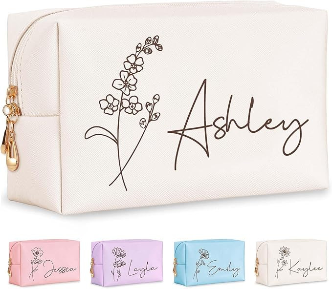 Personalized Makeup Bag with Name & Birth Flower, Custom Leather Cosmetic Bags for Women, Customi... | Amazon (US)