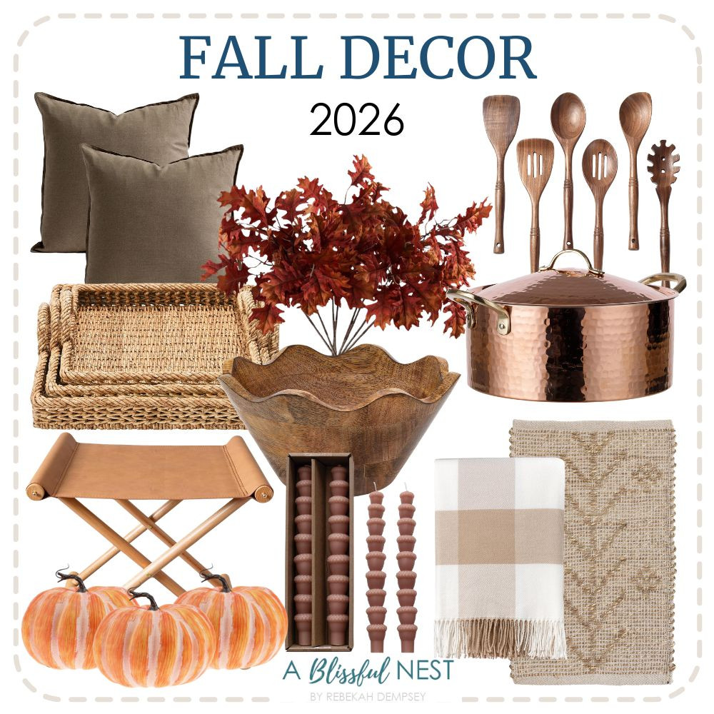 Refresh your home for fall with these timeless decor accents. Shop now.

Khaki throw pillows, wooden utensil set, woven nesting trays, faux maple leaf stems, copper stockpot, scalloped wood bowl, taper candle, checked throw blanket, embroidered seagrass placemat, leather folding stool, and decorative faux pumpkins 

 #LTKSeasonal #LTKHome
