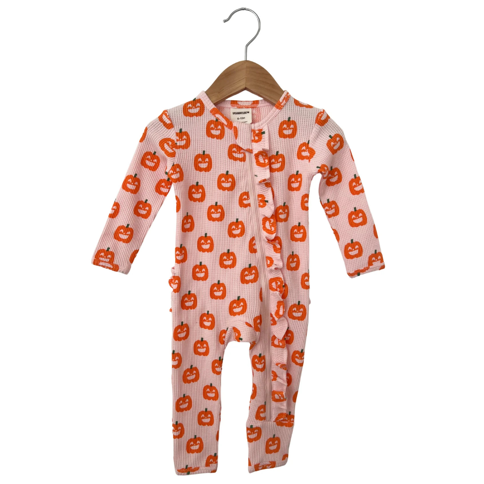 Organic Waffle Ruffle Zip Romper, Blush Jack-O-Lantern | SpearmintLOVE