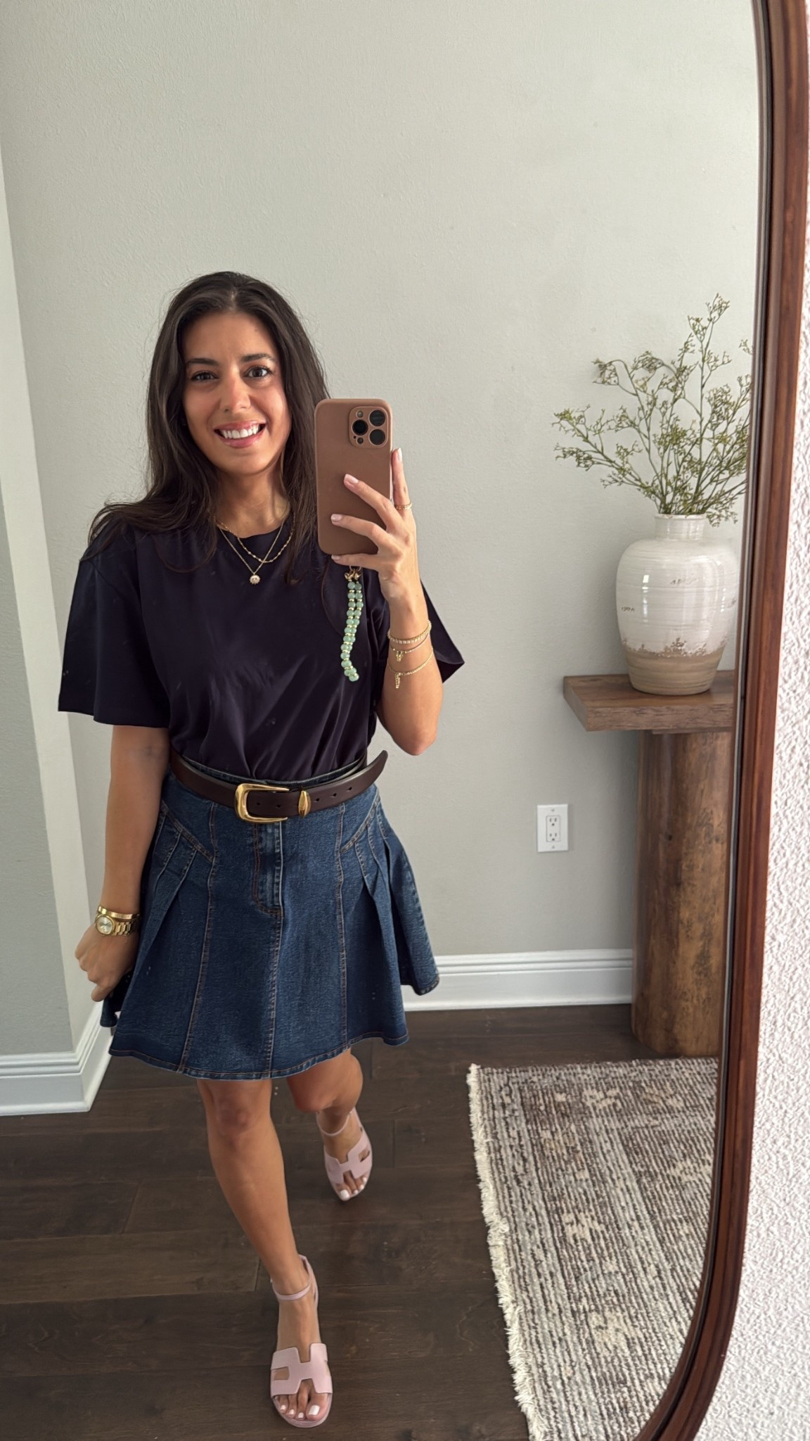 Favorite casual everyday look #ootd 

Navy shirt
Navy skirt
Brown belt
Hermes Santorini sandal 

#LTKStyleTip #LTKShoeCrush #LTKOver40