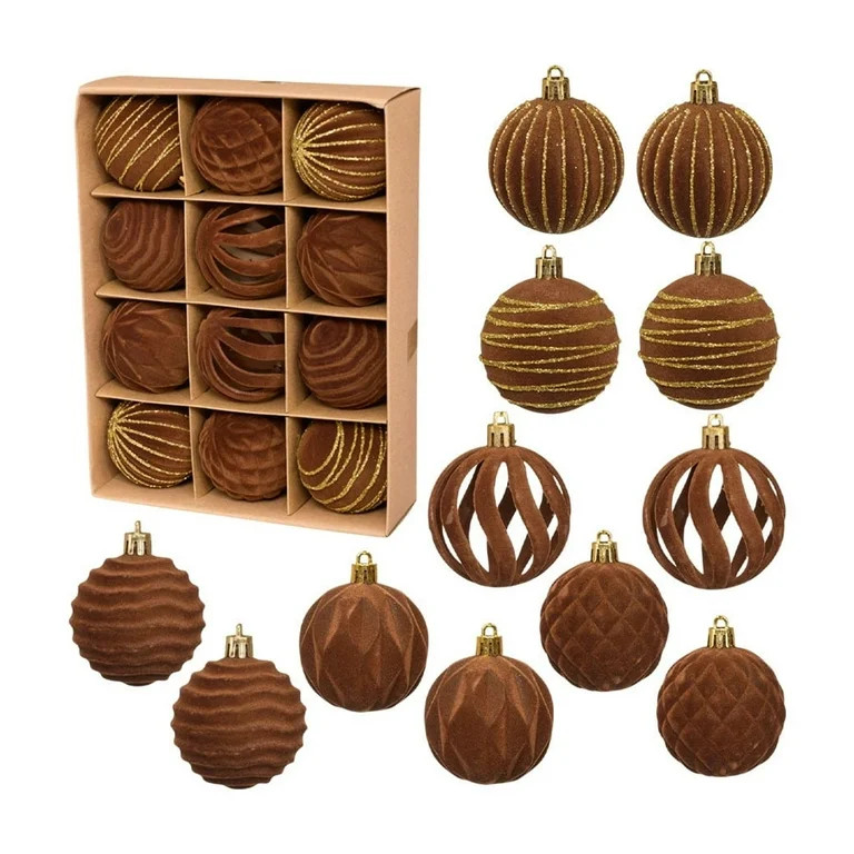 ZUBKTE Velvet Christmas Ball Ornaments Set - 12pcs 2.36 inch Flocked Xmas Decorations Brown Ornam... | Walmart (US)