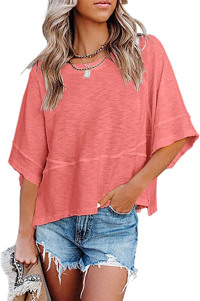 Sovelen Women's Summer Casual Crewneck Batwing Half Sleeve T-Shirts Solid Color Loose Fit Cute Basic | Amazon (US)