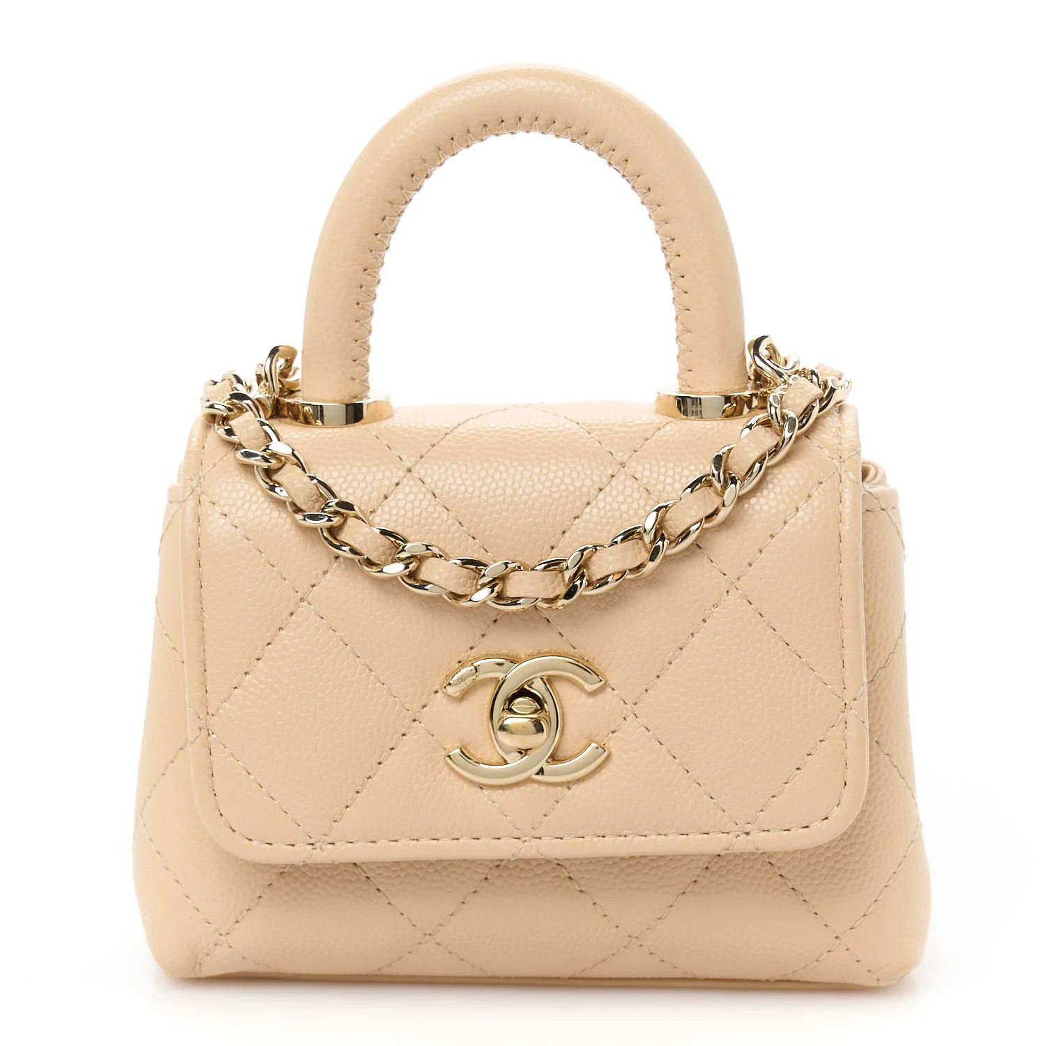 Chanel Caviar Quilted Nano Coco Handle Clutch With Chain Beige 1757780 | FASHIONPHILE (US)