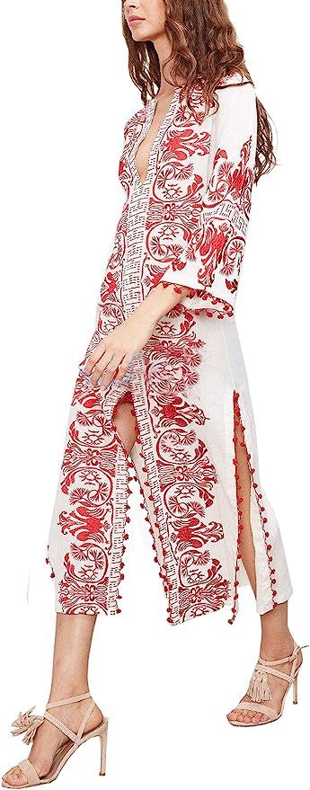 R.Vivimos Women Half Sleeve V Neck Tassel Cotton Vintage Embroidered Slit Casual Long Dress | Amazon (US)