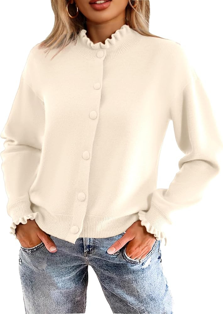 Simplee Short Knit Fall Cardigan Sweaters Cute Ruffle Mock Neck Long Sleeve Button Down Open Fron... | Amazon (US)