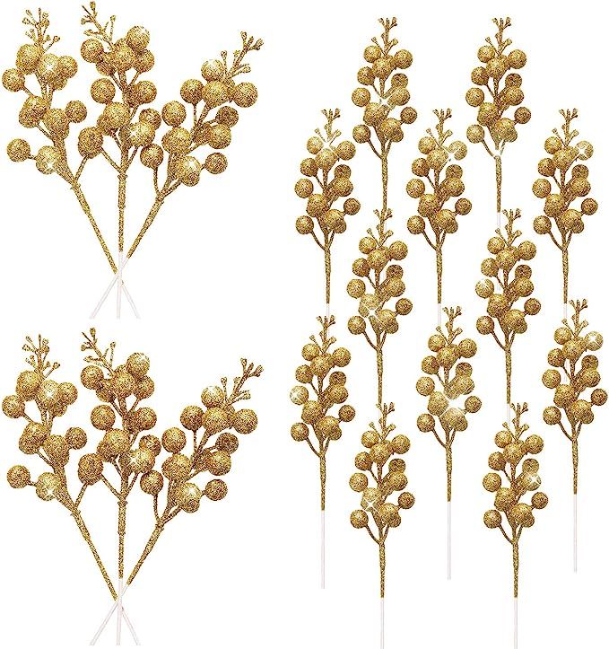 WILLBOND 18 Pieces Christmas Glitter Berries Stems Artificial Gold Berry Twig Stem Christmas Berr... | Amazon (US)