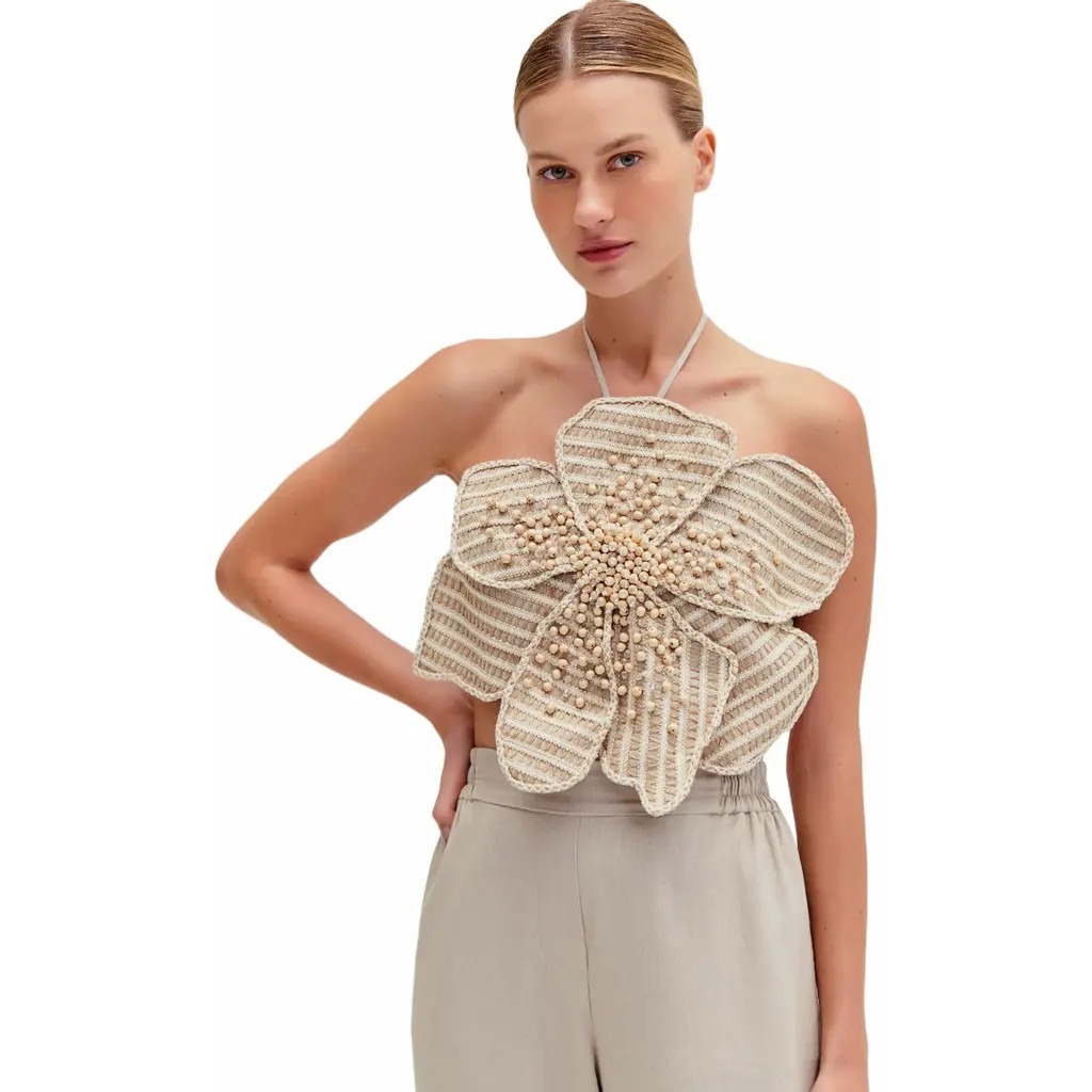 PatBO Candy Linen Hand-Beaded Flower Top in Natural at Nordstrom, Size Medium | Nordstrom