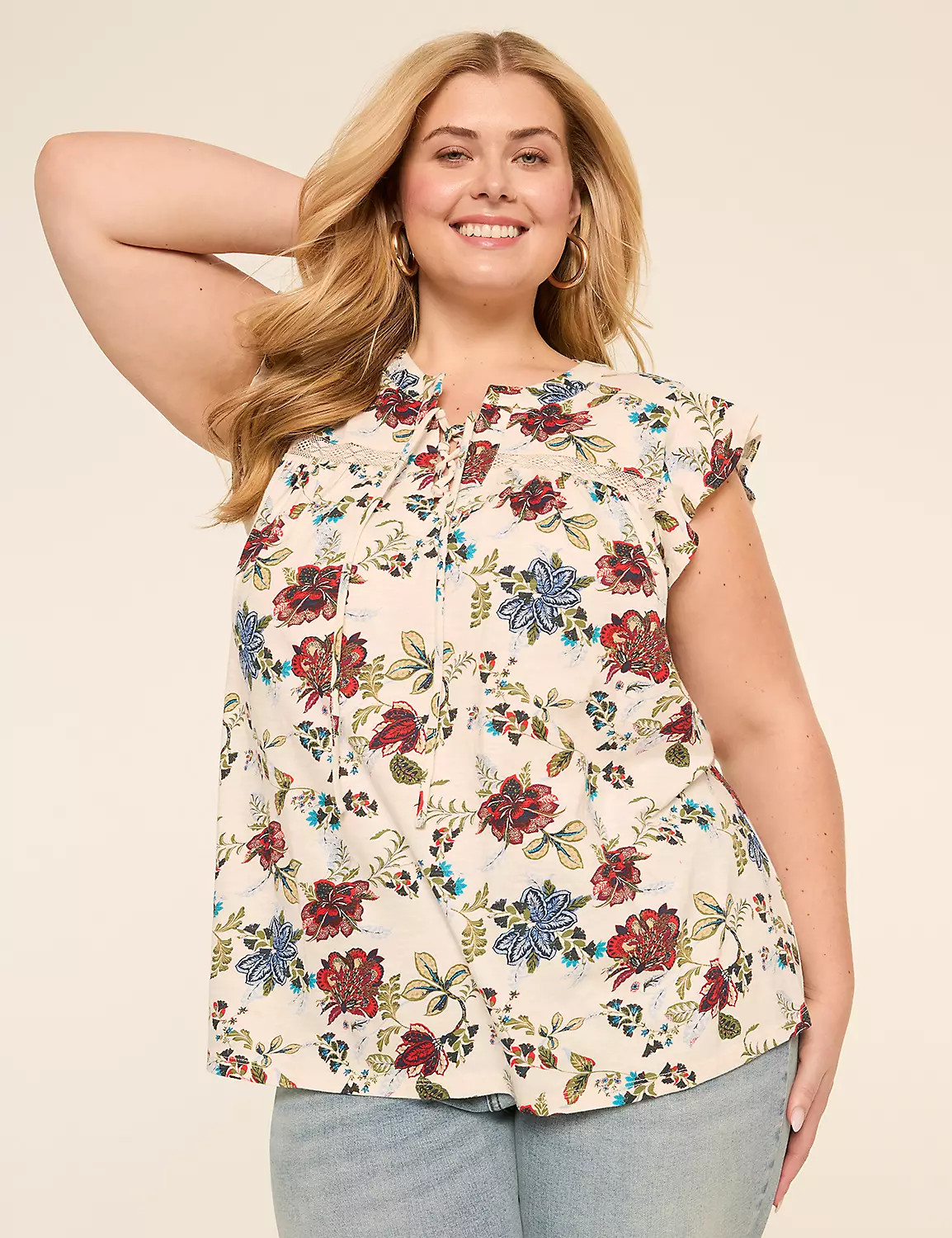 Flutter-Sleeve Lace-Up Eyelet-Yoke Top | LaneBryant | Lane Bryant (US)