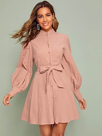 Bishop Sleeve Covered Button Belted Shirt Dress | SHEIN