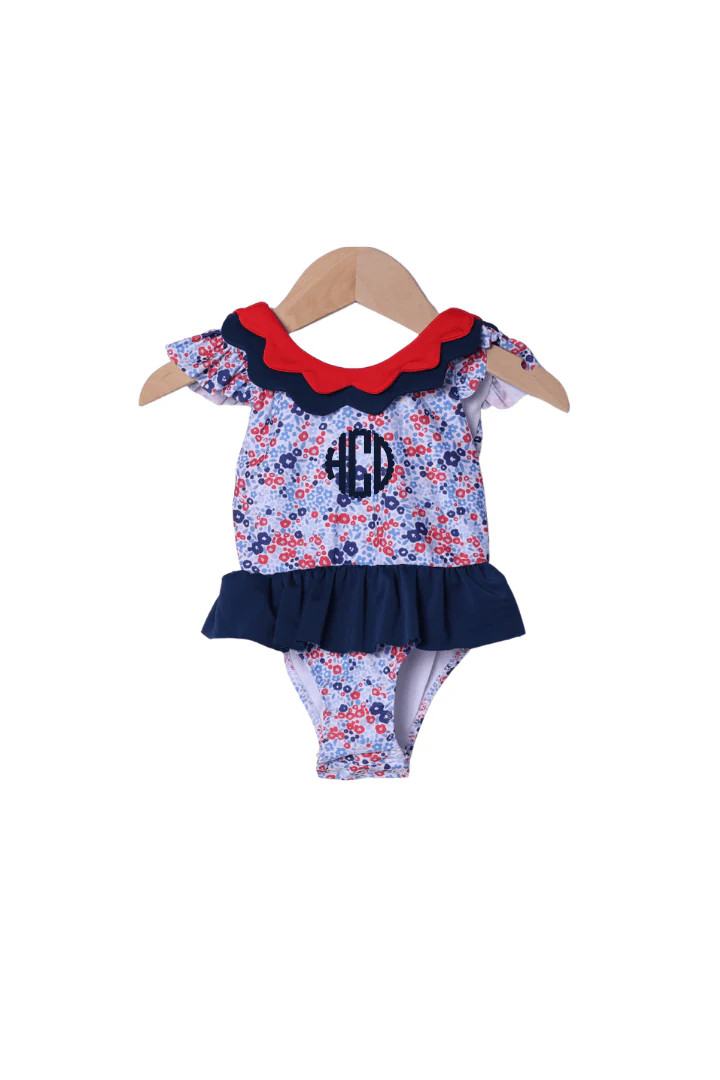 Red, White and Blue Floral Scalloped Swimsuit | The Smocked Flamingo