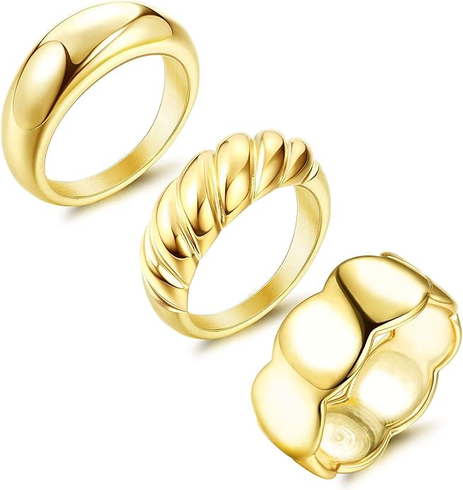 UBGICIG 3PCS Thick Dome Chunky Rings 14K Gold Plated Rings for Women Egirls Round Signet Rings Br... | Amazon (US)