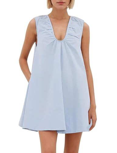 Ziesexy Babydoll Mini Dress for Women Sleeveless Summer Beach Dresses Casual Scoop Neck Flowy Cotton Short Dress with Pockets Blue | Amazon (US)