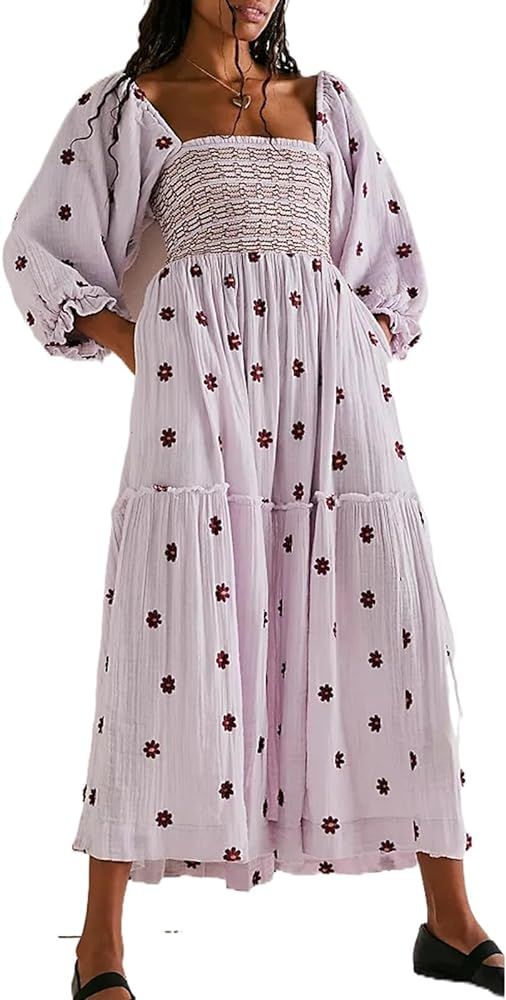 Women's Elastic Waist Flower Embroidered Maxi Dress Lantern Sleeve Square Neck Tiered Flowy Maxi Fal | Amazon (US)