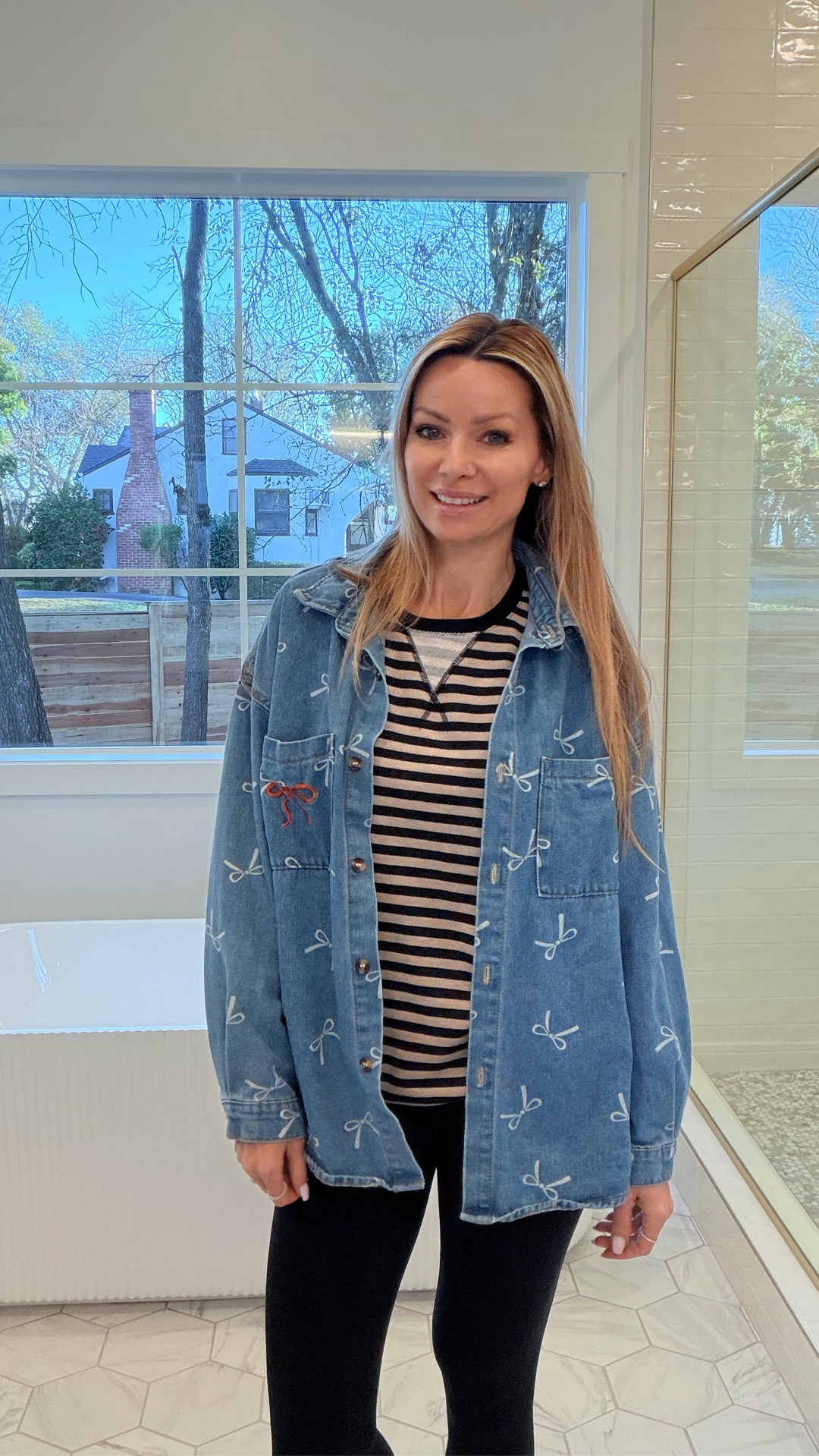 Amazon outfit of the day. Denim jacket size small. Long sleeve striped pullover size small. My favorite seamless front legging site small. Amazon fashion.

#LTKmomlife #LTKootd