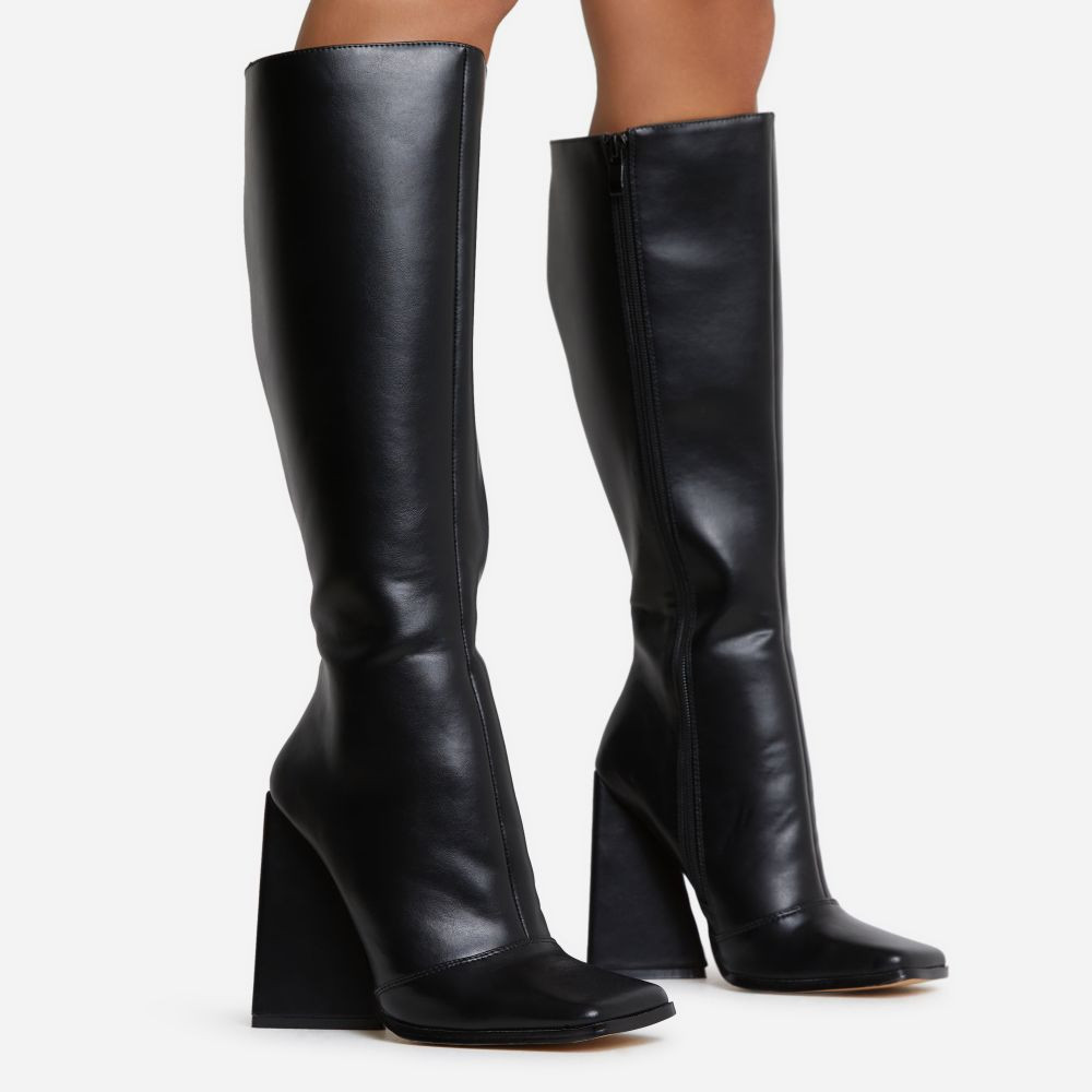 Big-Goals Square Toe Sculptured Block Heel Knee High Long Boot In Black Faux Leather | EGO Shoes (US & Canada)