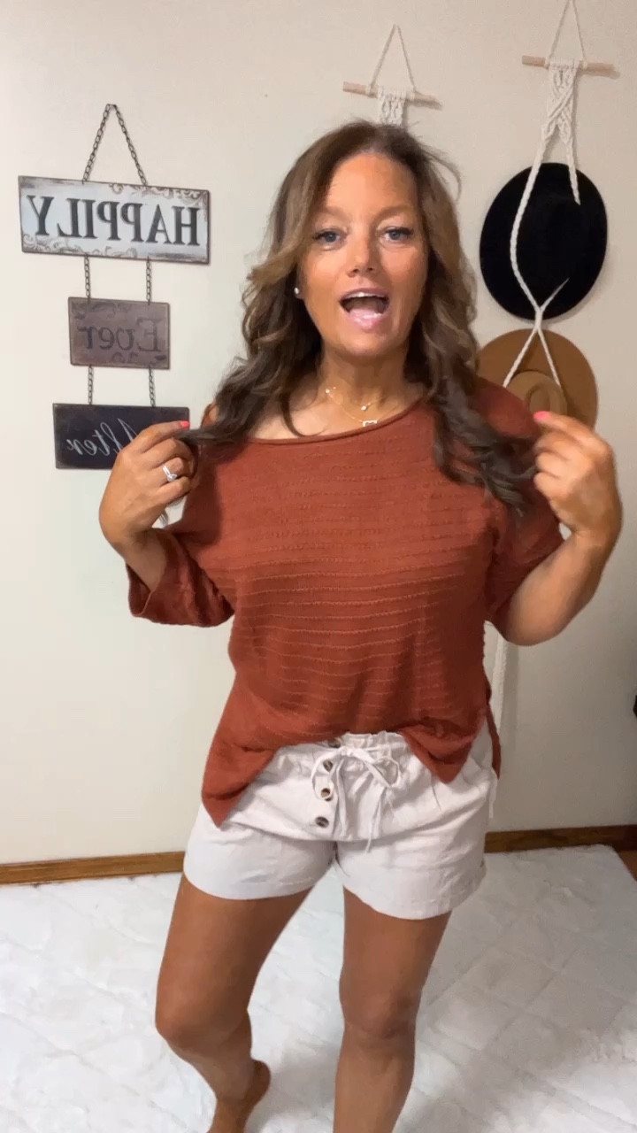 Absolutely obsessed with this look! These shorts are amazing. I also love how this too can be worn on or off the shoulder. 

#springoutfit #vacationoutfit #momstyle #over40style 

#LTKstyletip #LTKmidsize #LTKSeasonal