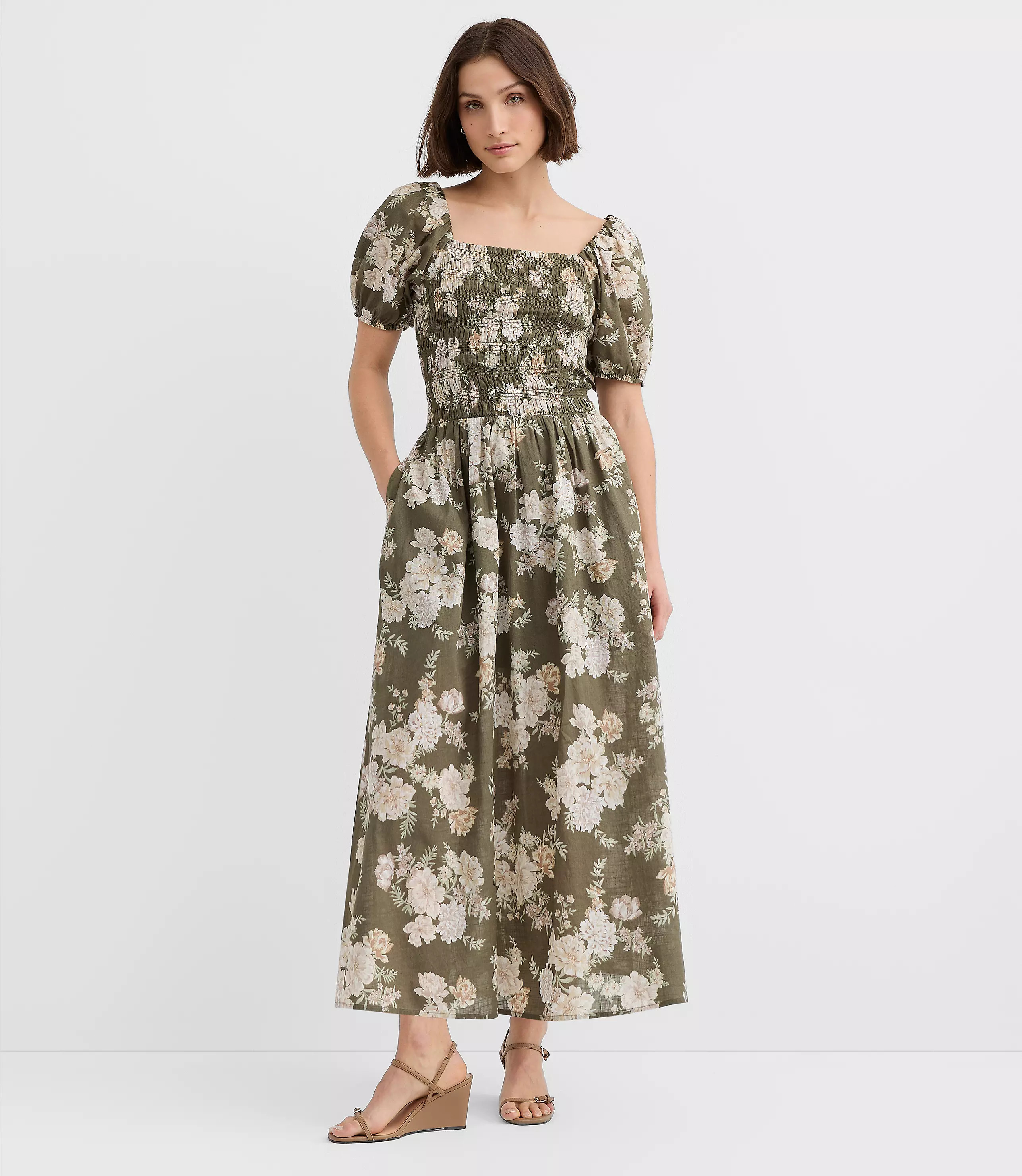 Floral Smocked Puff Sleeve Midi Dress | LOFT