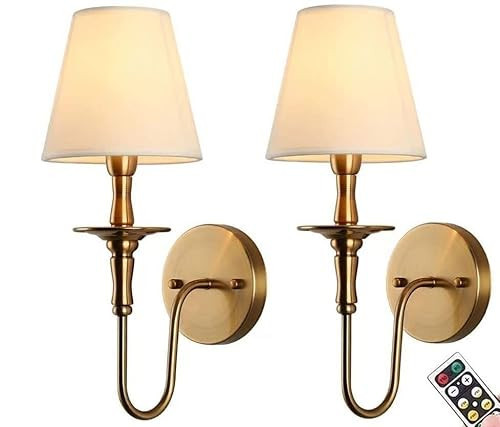 KEFA Wireless Battery Operated Wall Sconces Set of 2,No Wiring Rechargeable Wall Lights with Remote,Antique Brass Vintage Fabric Shade Wall Lamp Fixtures for Living Room Bedroom Hallway Farmhouse TV | Amazon (US)