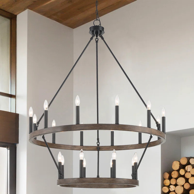 20 - Light Candle Style Wagon Wheel Chandelier with Wood Accents | Wayfair North America