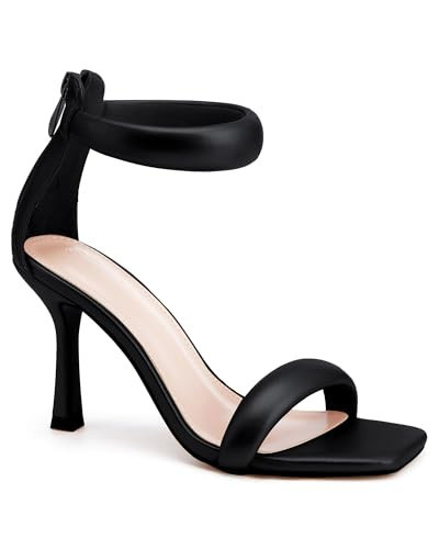 Coutgo Women's One Strap Heeled Sandals Square Open Toe Stiletto Heels Ankle Buckle Strap Summer Pump Shoes, Cool Black, Size 5.5 | Amazon (US)