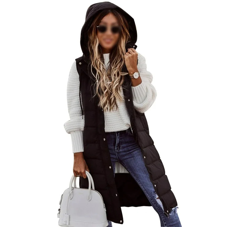 Frontwalk Women Sleeveless Long Jacket Casual Padded Vest Zipper Hooded Coat with Pockets | Walmart (US)