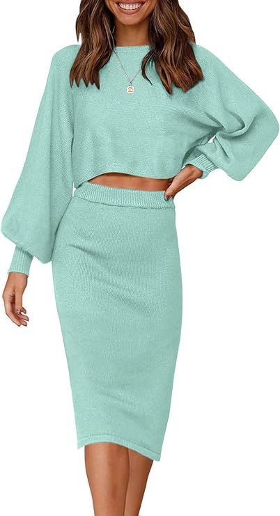 ZESICA Women's Casual Two Piece Outfits Long Sleeve Ribbed Knit Top and Bodycon Midi Skirt Oversi... | Amazon (US)
