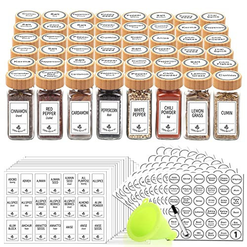 SWOMMOLY 48 Glass Spice Jars with 806 White Spice Labels, Square Spice Bottles 4 oz Empty Spice Containers with Bamboo Lids, Chalk Marker and Funnel Complete Set. | Amazon (US)