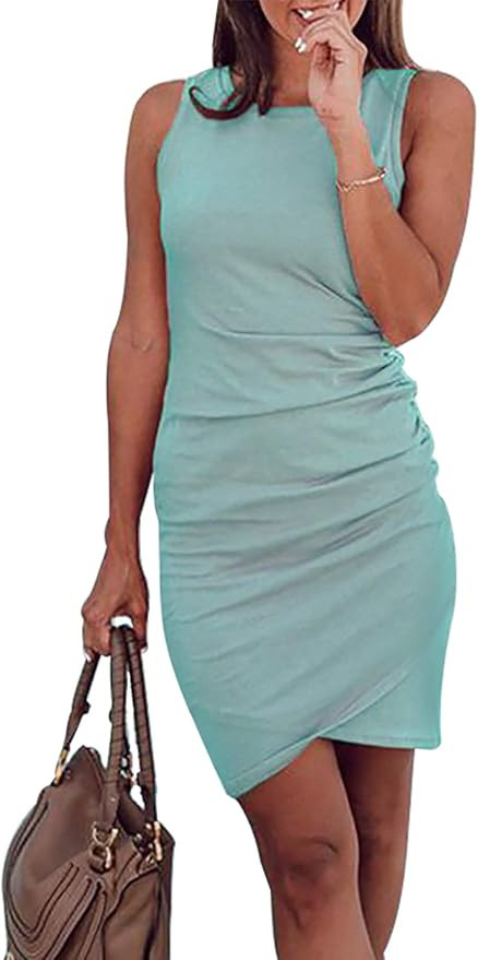 BTFBM Women Casual Crew Neck Ruched Sleeveless Tank Bodycon 2021 Shirt Short Mini Dresses | Amazon (US)