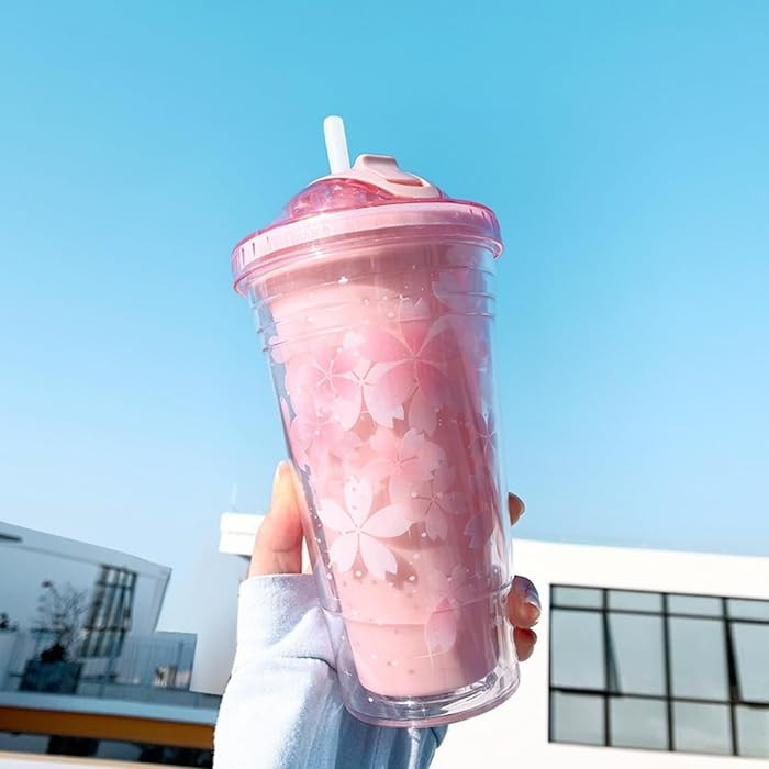 Botella de agua Kawaii con patr\u00f3n de flor de cerezo transparente y lindo coraz\u00f3n de ni\... | Amazon (US)