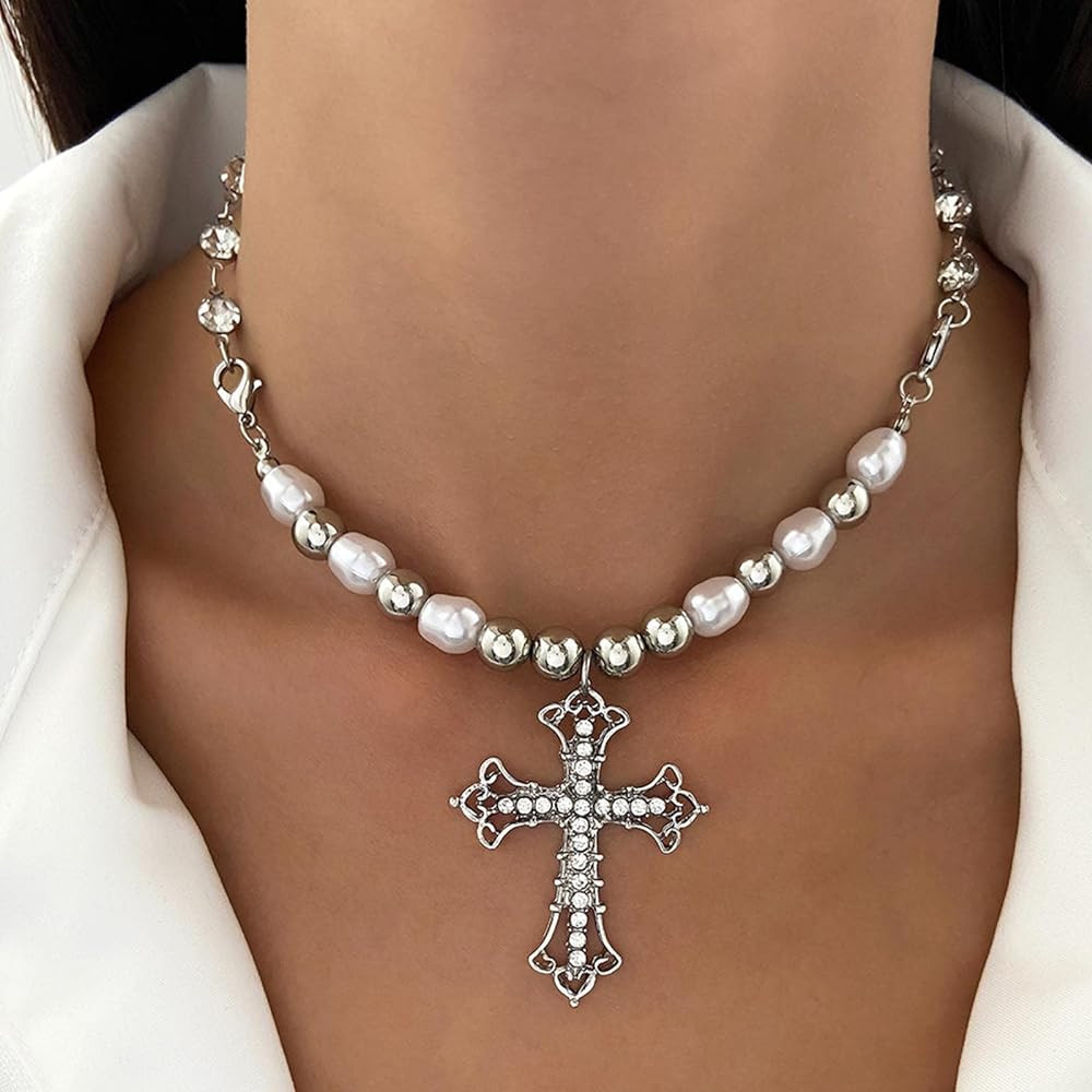 YienDoo Punk Crystal Cross Pearl Necklace Choker Gothic Pave Rhinestone Cross Crucifix Pendant Ne... | Amazon (US)