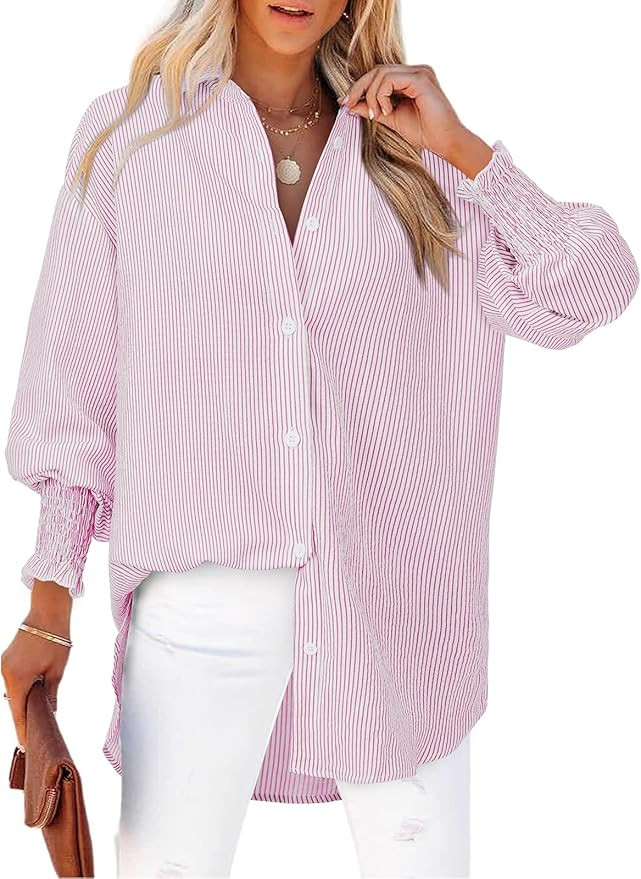 Women's Striped Button Down Shirts Long Sleeve Smocked Cuffed Oversized Boyfriend Blouses Collare... | Amazon (US)