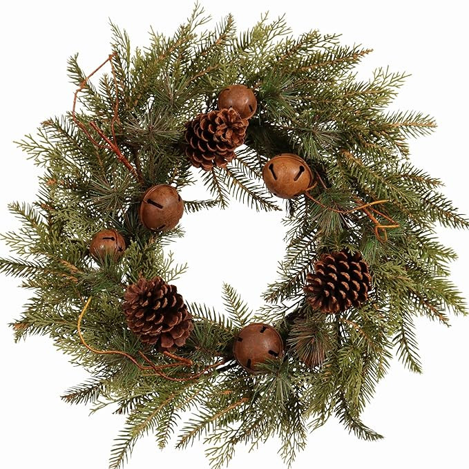 22-Inch Handcrafted Artificial Christmas Wreath with Pinecones, Rust Bell, and Lifelike Pine Bran... | Amazon (US)