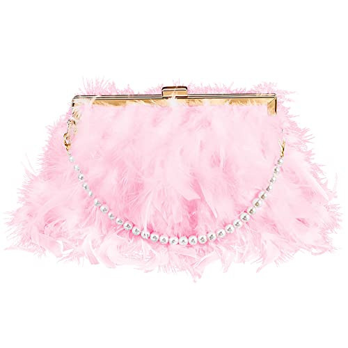 Amylove Feather Clutch Purses for Women Wedding Evening Bride Furry Purse Classy Fringe Glossy Designer(Pink) | Amazon (US)
