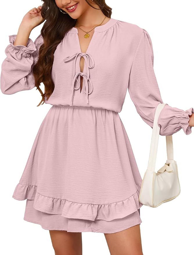 Angashion Womens Tie Front Mini Dress: V Neck Long Sleeve Layer Ruffle Hem Dress with Pockets | Amazon (US)