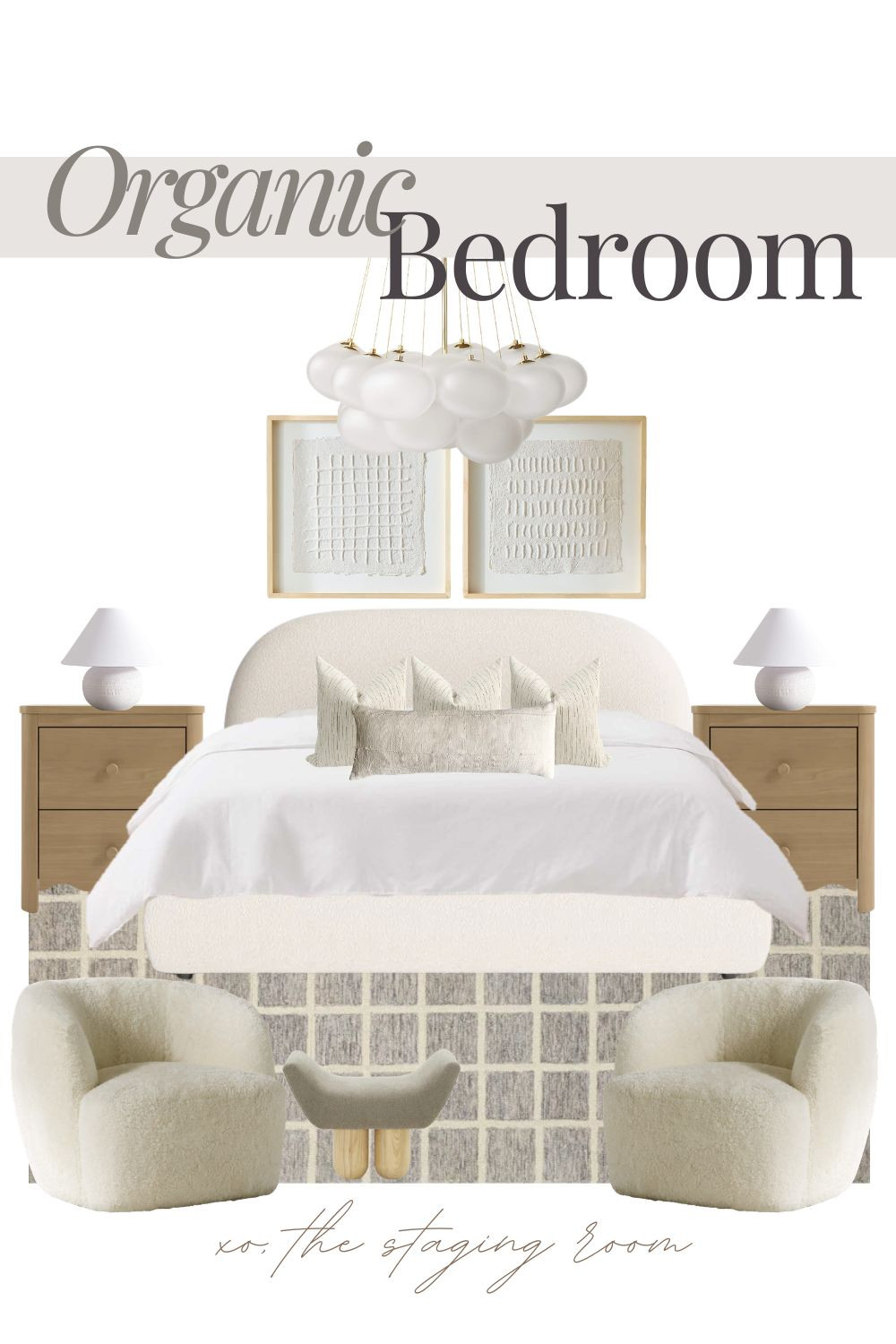 Design a serene sanctuary with an organic bedroom mood board that emphasizes texture and soft, rounded forms. 

This space perfectly captures an organic modern aesthetic, featuring a curved bouclé bed and matching swivel chairs to create an inviting, cozy atmosphere.

The design relies on evergreen staples like warm oak nightstands and a sculptural cloud chandelier to achieve a quiet luxury look. Layered with textured wall art and minimalist mushroom lamps, the neutral palette feels intentional and editorial. These high-end pieces work together to form a timeless, minimalist retreat that prioritizes comfort and style.
#bedroomdecor #organicmodern 

 

#LTKhome #LTKsale #LTKhome