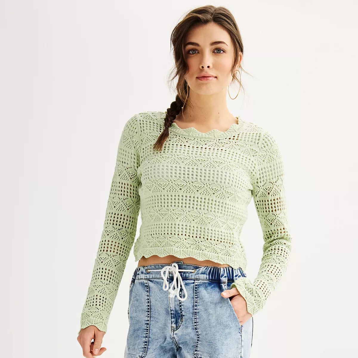 Juniors' Freshman Long Sleeve Crochet Pullover Top | Kohl's