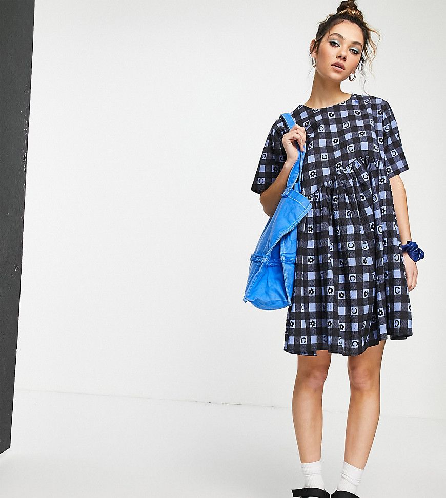 COLLUSION seersucker gingham mini smock dress in blue print-Multi | ASOS (Global)