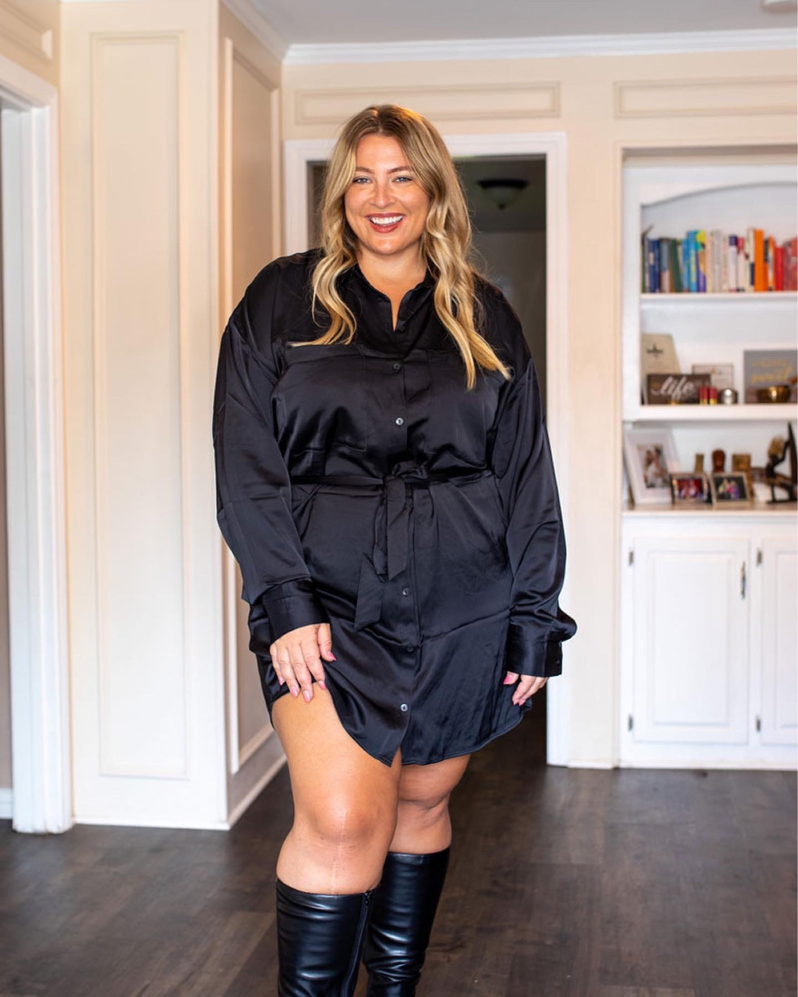 Black shirt dress XL / true to size. Black knee high boots in wide calf sizing. A little too snug for my 18.5 inch calves  

#LTKSeasonal #LTKshoecrush