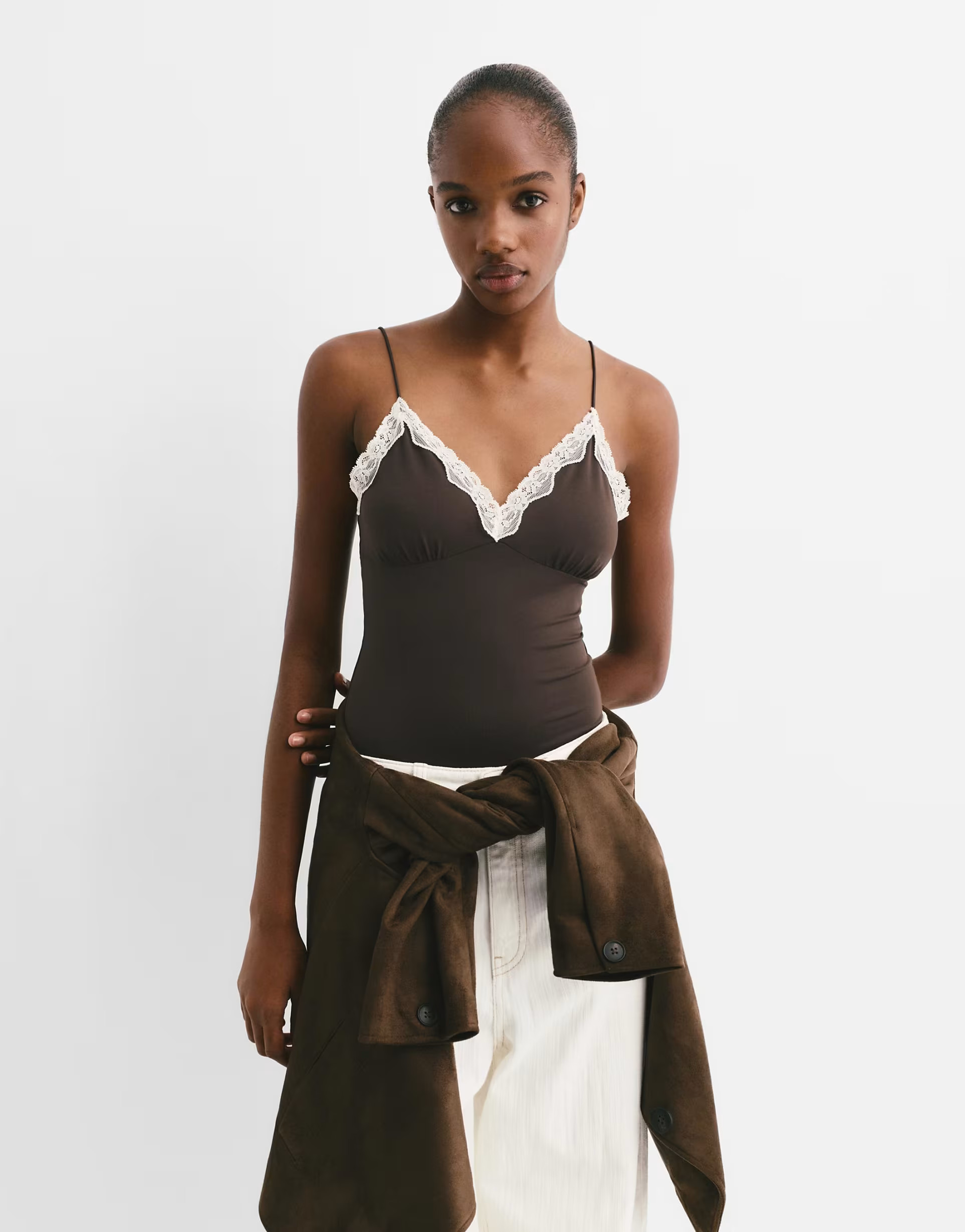Pull&Bear Strappy balconette lace bodysuit in chocolate | ASOS (Global)