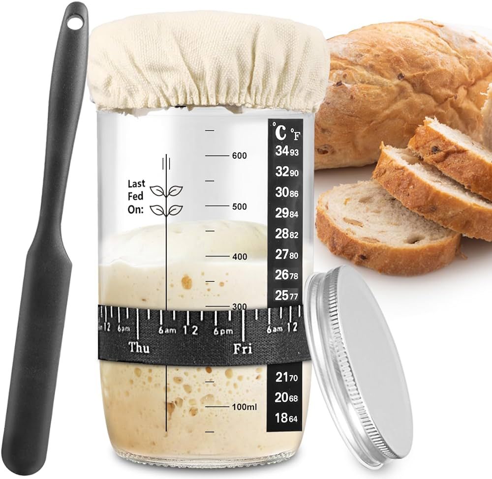Sourdough Starter Jar, Sourdough Starter Kit with Date Marked Feeding Band, Thermometer, Cloth Co... | Amazon (US)
