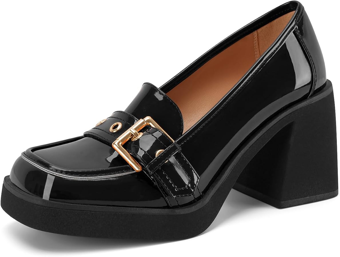 Z.Oufeier Platform Chunky Loafers for Women Slip-On Patent Leather Square Closed Toe Block Heel P... | Amazon (US)